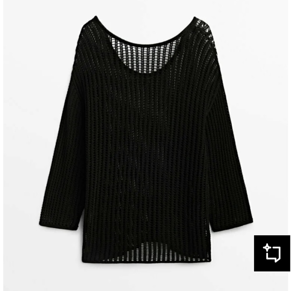 Massimo Dutti Open Knit Crochet Black Relaxed Fit Low Back Sweater Size Small